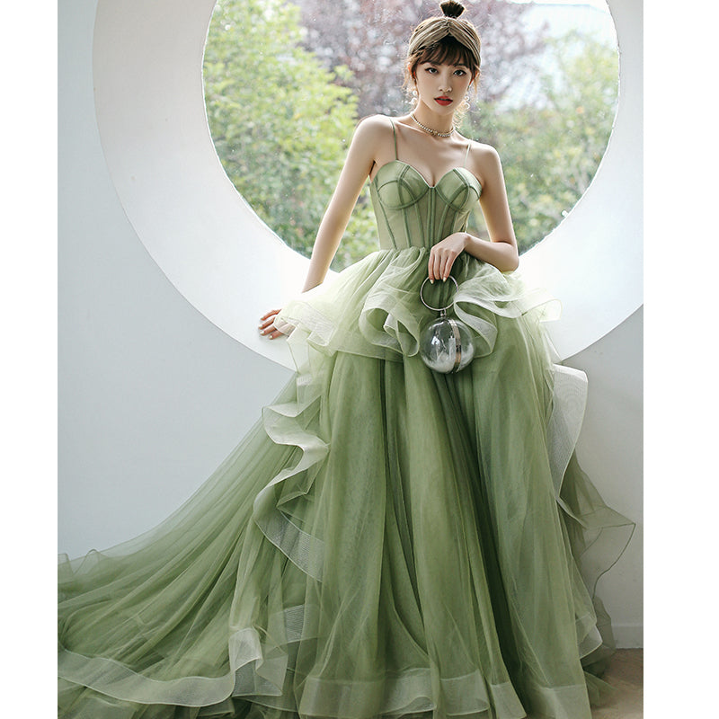 Straps sage green ball gown spring formal prom dress S21224 –  Simplepromdress