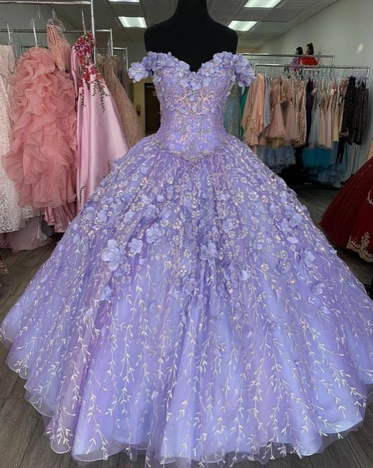 Lavender Off Shoulder Ball Dresses Quinceanera Dress Sweet 16 Dresses 3D Floral Lace Appliques Y500