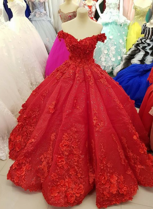 Luxurious Off The Shoulder Red Ball Gown 3D Flowers,Quinceanera Dress  Y1217