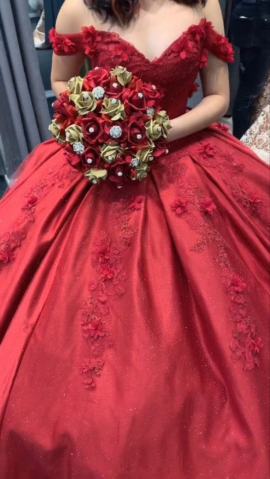 Classy Off The Shoulder Ball Gown With Flowers ,Sweet 16 Dress Y1223