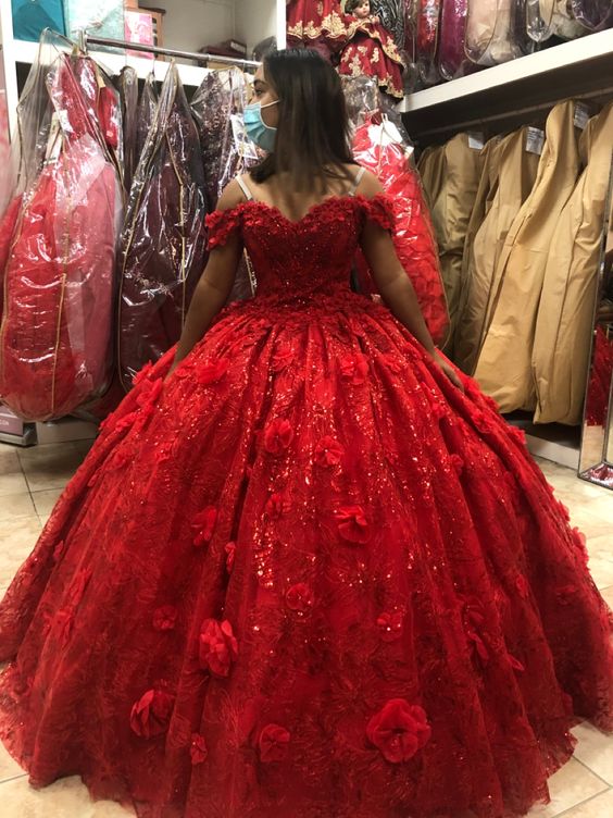 Stunning Red Off The Shoulder Ball Gown 3D Flowers Quinceanera