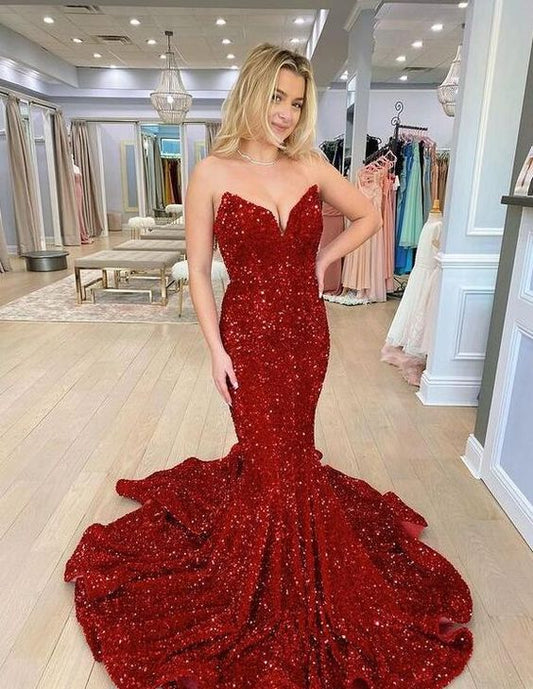 Burgundy Mermaid Strapless Sequins Long Evening Dresses Y1220