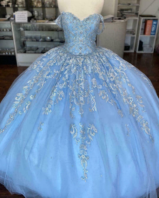 Winter Wonderland Blue Ball Gown Quinceanera Dress Blue Tulle Lace Ball Gown Y674