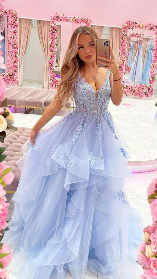 Blue v neck tulle lace long prom dress blue evening dress Y686