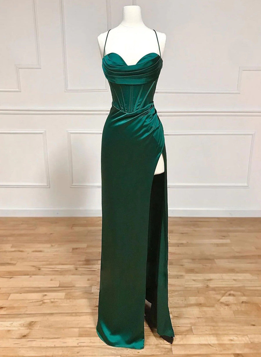 Green Satin Straps Long Prom Dress with Leg Slit, Green Prom Dress Y1867