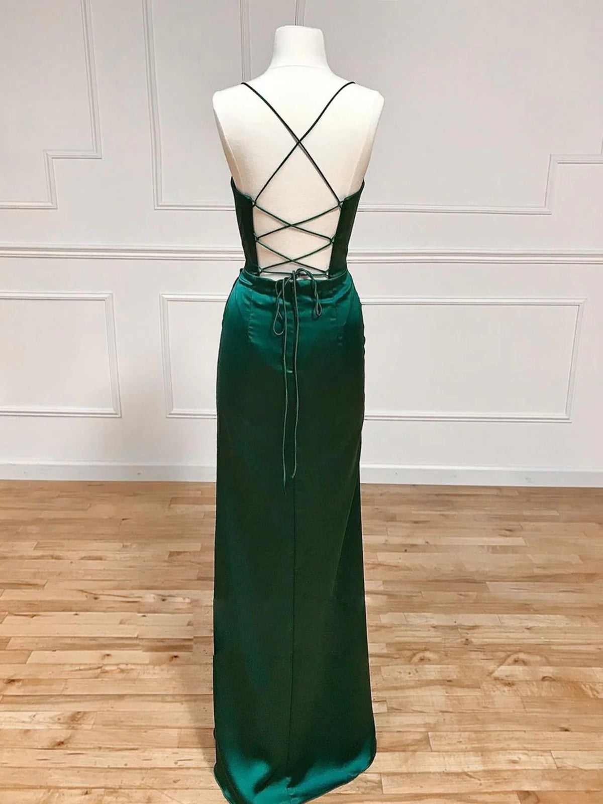 Green Satin Straps Long Prom Dress with Leg Slit, Green Prom Dress Y1867